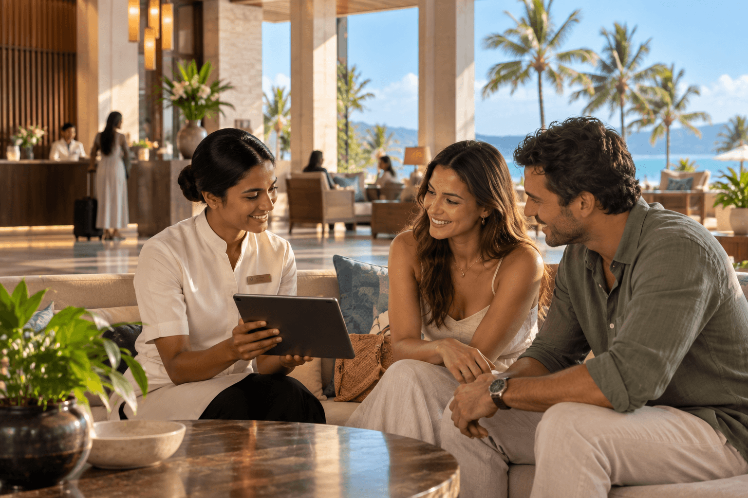 Cinnamon Hotels & Resorts staff member helping two guests in a resort lobby