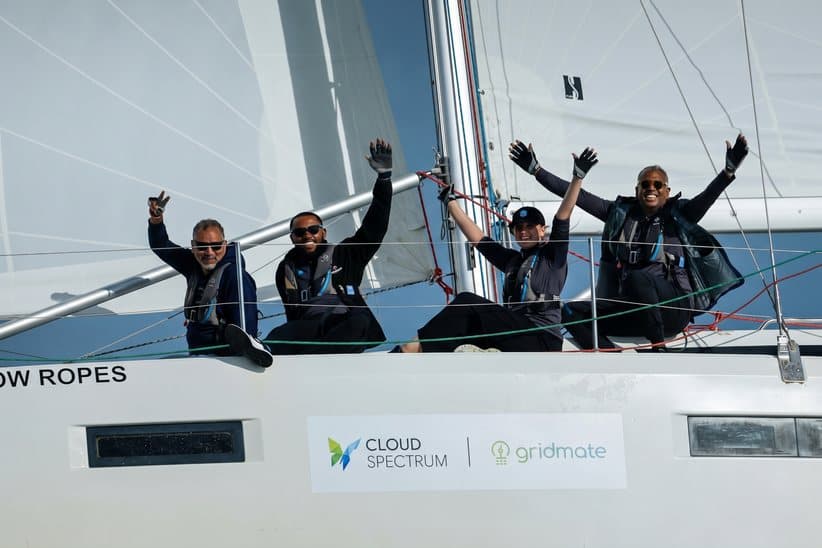 Four crew members leaning back off the rail with their arms in the air as the yacht heels under full sail.